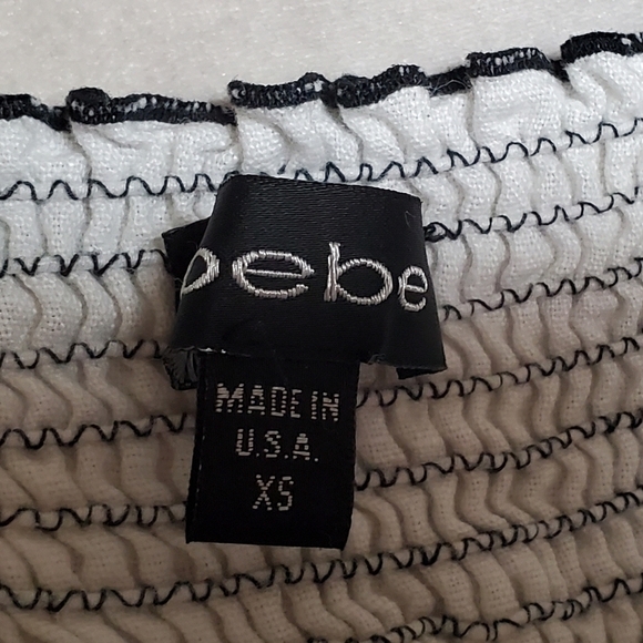 Vintage BEBE Black Silk White Linen Smocked Tie Shoulder Mini Babydoll Dress XS - Picture 14 of 15